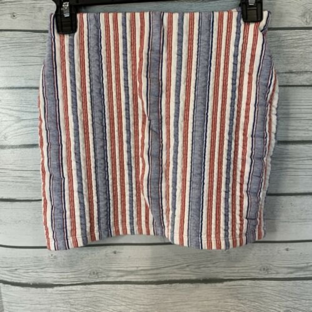 Zara Mini Skirt Size Small Red White & Blue Striped Short Skirt Body con Pull On